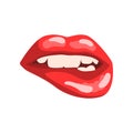 Red female mouth with white teeth biting glossy lips vector Illustration on a white background Royalty Free Stock Photo