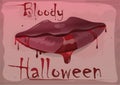 Red feminine lips in blood. Bloody Halloween