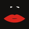 Red feminine lips and nose. Fashion illustration. Black background. Vector