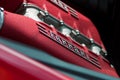 Red ferrari 458 italia engine detail logo Royalty Free Stock Photo