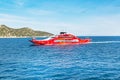 Red ferry boat going to Thassos from Keramoti port Royalty Free Stock Photo