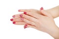 red festive manicure with white lace on the long nails Royalty Free Stock Photo