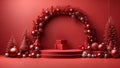 Red festive podium decoration with New Year\'s attributes. Generative AI