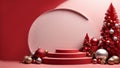 Red festive podium decoration with New Year\'s attributes. Generative AI