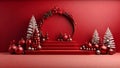 Red festive podium decoration with New Year\'s attributes. Generative AI
