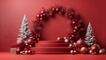 Red festive podium decoration with New Year\'s attributes. Generative AI