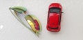 Red Fiat 500 toy reflected in green sunglasses Royalty Free Stock Photo