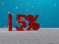 Red 15 fifteen percent sign in a winter setting - 3d rendering