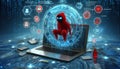 Red Figure in Cybersecurity Scene with Computer and Icons