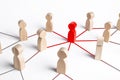 The red figure of a person spreads his influence to people through a communication network. Following a new idea. Leader