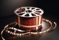 A red film reel with film strips on a dark background Royalty Free Stock Photo