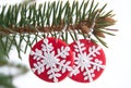 Red fimo earrings with snowflake model Royalty Free Stock Photo