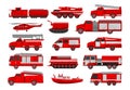 Red Fire Engine or Motor Firefighting Emergency Vehicle or Firetruck with Firehose and Ladder Big Vector Set Royalty Free Stock Photo