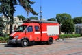 A red fire engine stands near the Verkhovna Rada of Ukraine. Firefighters arrived for an emergency, incident in Kiev, Ukraine