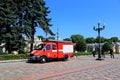 A red fire engine stands near the Verkhovna Rada of Ukraine. Firefighters arrived for an emergency, incident in Kiev, Ukraine