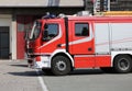 red fire engine truck during a fire drill Royalty Free Stock Photo