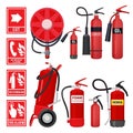 Red fire extinguisher. Firefighter tools for flame protection vector illustrations of various extinguisher types Royalty Free Stock Photo