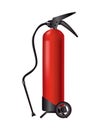 Red fire extinguisher. Isolated portable fire-fighting unit with hose and whels. Firefighter tool for flame fighting Royalty Free Stock Photo