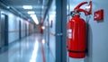 Red Fire Extinguisher Mounted on Wall in Long Corridor Royalty Free Stock Photo