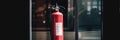 A red fire extinguisher sitting in front of a building. Generative AI image. Royalty Free Stock Photo