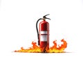 A red fire extinguisher standing on a white background with flames emphasizes fire safety techniques and fire hazard awareness Royalty Free Stock Photo