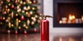 Red fire extinguisher stands on the floor near the christmas tree, concept of Holiday decoration Royalty Free Stock Photo