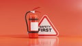Fire Extinguisher Stands Next to a Safety First Triangular Warning Sign on Orange Background Royalty Free Stock Photo