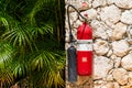 Red fire extinguisher on a stone wall in a hotel. Green palm leaves nearby. Fire safety at the resort Royalty Free Stock Photo