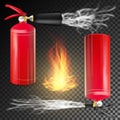 Red Fire Extinguisher Vector. Fire Flame Sign And Metal Red Fire Extinguisher. Transparent Background Royalty Free Stock Photo