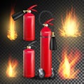 Red Fire Extinguisher Vector. Fire Flame Sign. On Transparent Background Illustration