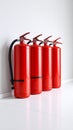 Red fire extinguishers lined up against a white wall for safety and prevention concept Royalty Free Stock Photo
