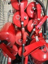 Red fire extinguishers. Many red fire extinguishers on the ground. Foam, Carbon dioxide, Powder and Water Royalty Free Stock Photo