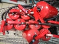 Red fire extinguishers. Many red fire extinguishers on the ground. Foam, Carbon dioxide, Powder and Water Royalty Free Stock Photo