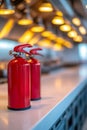 Red fire extinguishers on modern kitchen counter with warm lighting Royalty Free Stock Photo