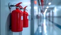 Red Fire Extinguishers Mounted on a Wall in a Long Corridor Royalty Free Stock Photo