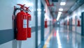 Red Fire Extinguishers Mounted on a White Wall in a Long Corridor Royalty Free Stock Photo