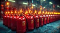 Red fire extinguishers in a row with bokeh background Royalty Free Stock Photo
