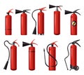 Red fire extinguishers set. Isolated portable fire-fighting units of different shape. Firefighters tools for flame