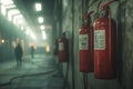 Red fire extinguishers on a weathered wall in an industrial setting Royalty Free Stock Photo