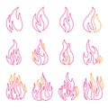 Red fire flat icons and signs set isolated on white background for danger concept or logo design Royalty Free Stock Photo