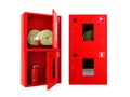 Red fire hose and fire extinguisher cabinets on white background Royalty Free Stock Photo