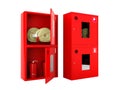 Red fire hose and fire extinguisher cabinets on white background