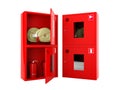 Red fire hose and fire extinguisher cabinets on white background Royalty Free Stock Photo