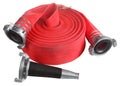 Red fire hose winder roll roller, with coupler and nozzle. Royalty Free Stock Photo