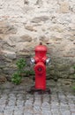 Red fire hydrant against a stone wall Royalty Free Stock Photo