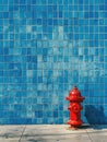Red Fire Hydrant on Blue Tiled Wall Royalty Free Stock Photo