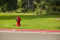 Red fire hydrant at the edge of a green city park near the road Royalty Free Stock Photo