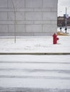 Red fire hydrant in front of grey building in snow. Royalty Free Stock Photo