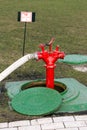 Red fire hydrant stands in manhole Royalty Free Stock Photo