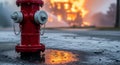 Red fire hydrant, water drops, and blurred orange flames in background Royalty Free Stock Photo